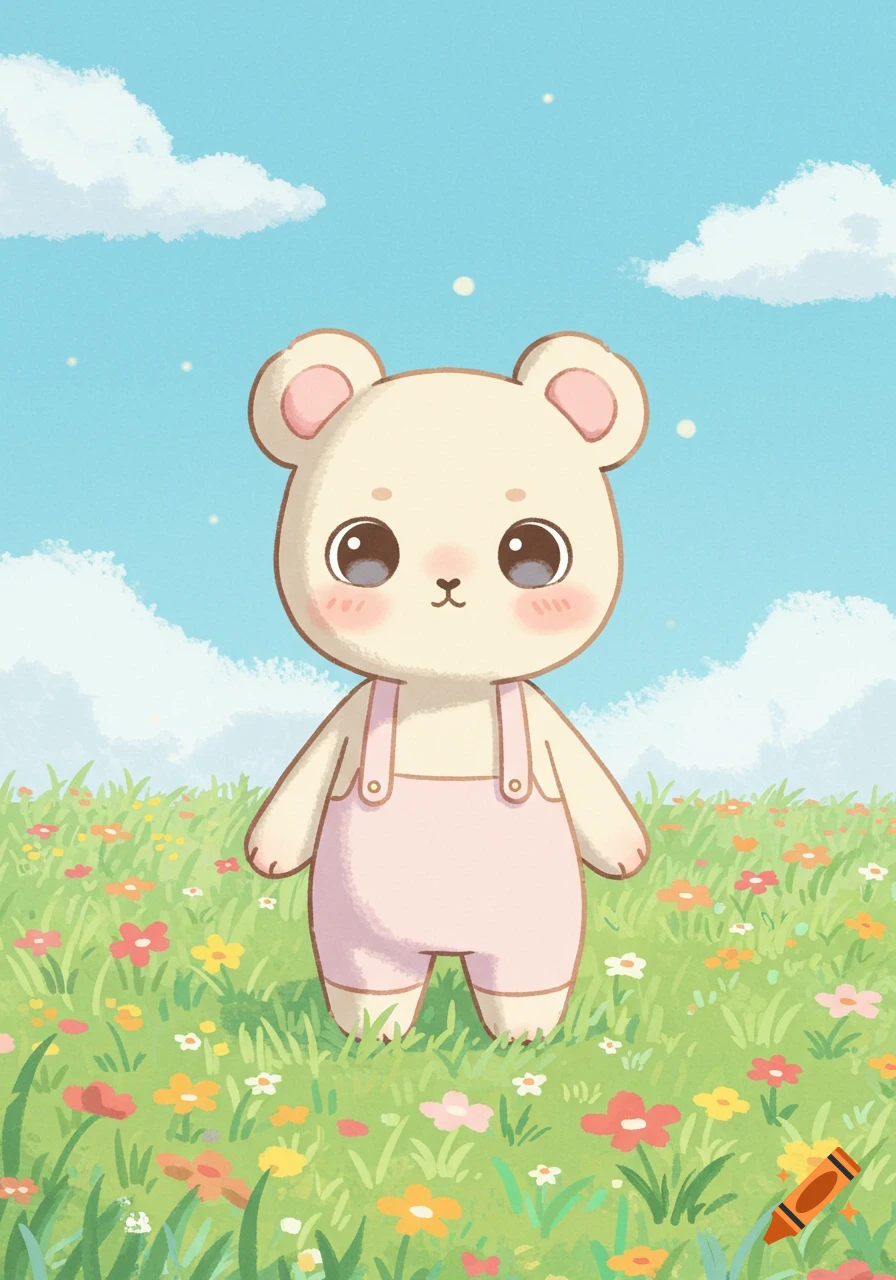 A cute cartoon bear wearing pink overalls stands in a field of colorful flowers under a blue sky.