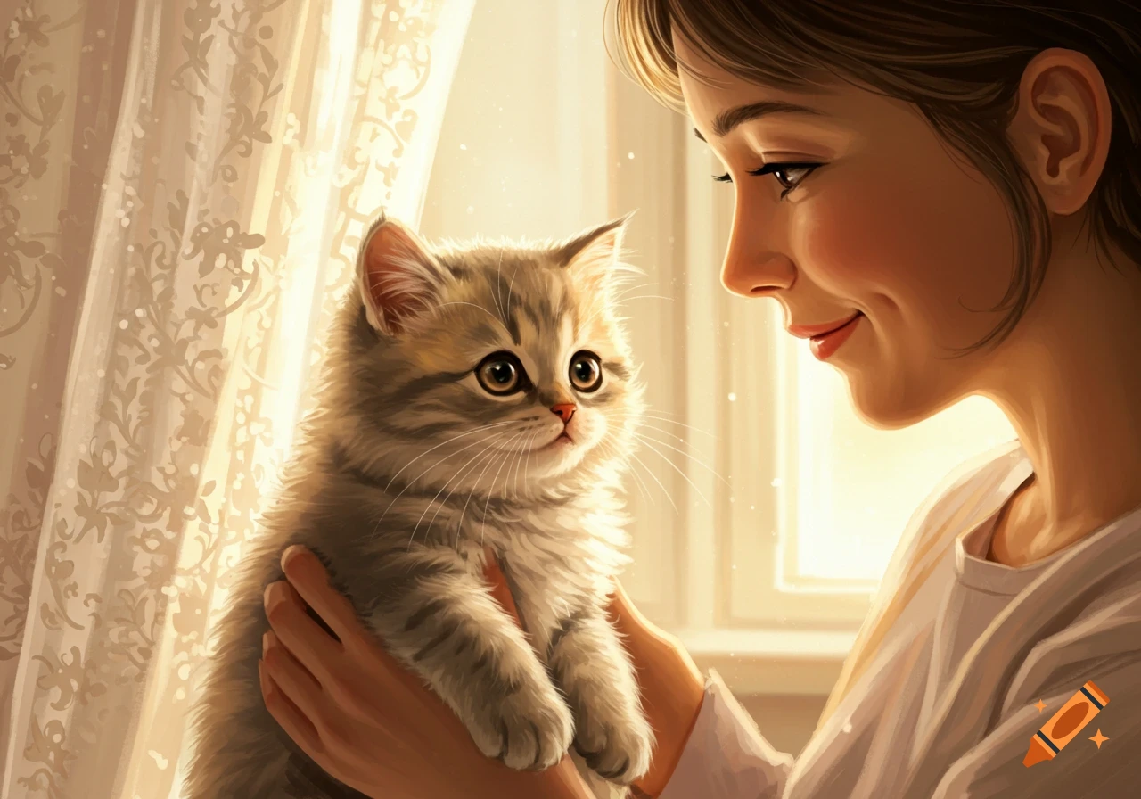 A woman smiling as she holds a fluffy tabby kitten, both looking at each other in warm, soft light near a window with sheer curtains. Digital painting.