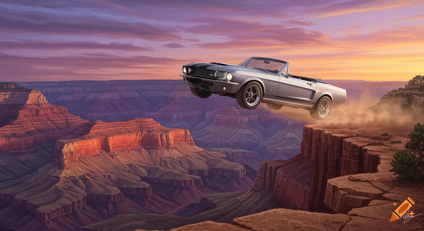 A silver Shelby GT500 convertible with black stripes leaps over the Grand Canyon at sunset.