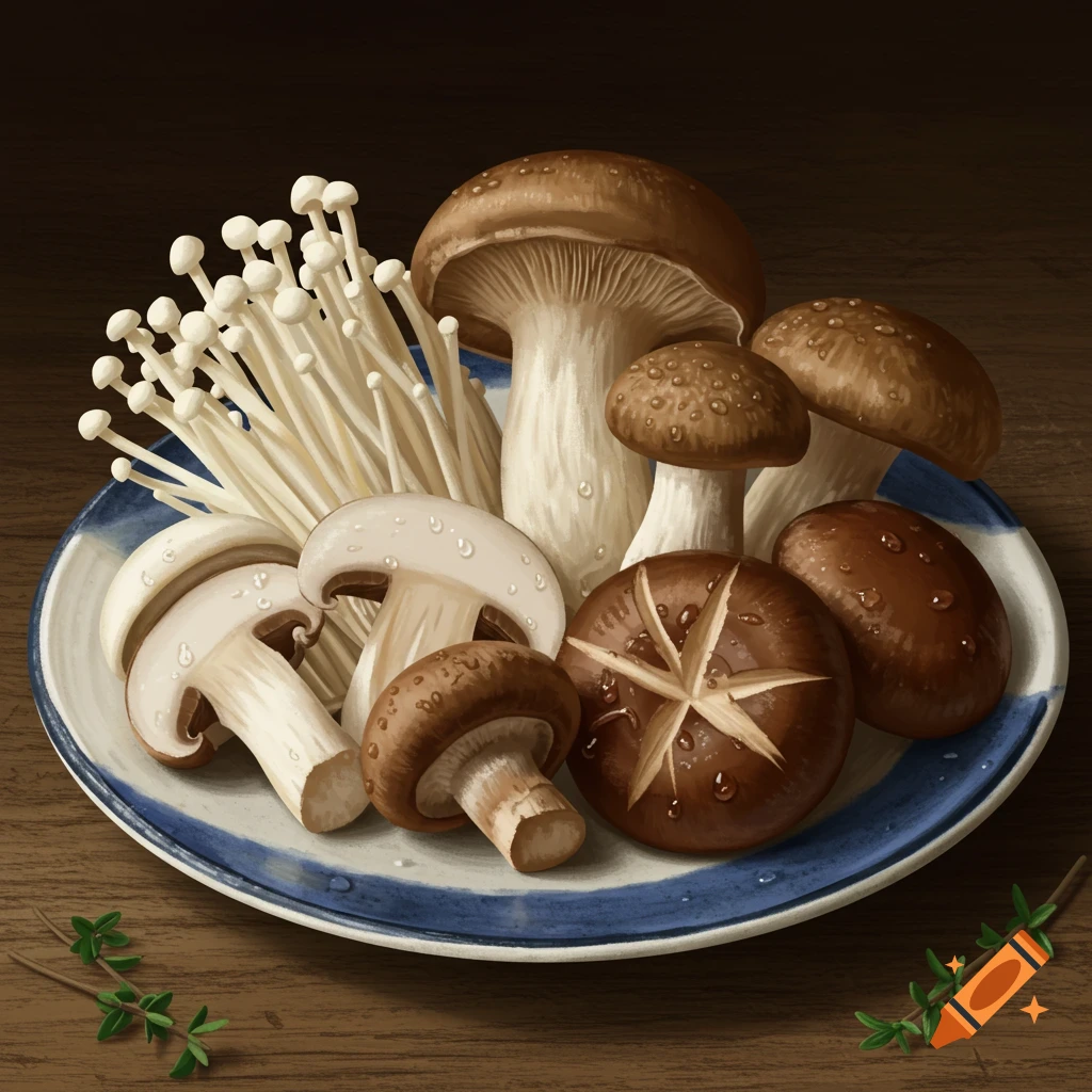 A white and blue plate filled with an assortment of gourmet mushrooms including enoki, shiitake, and cremini, on a wooden table with herbs.