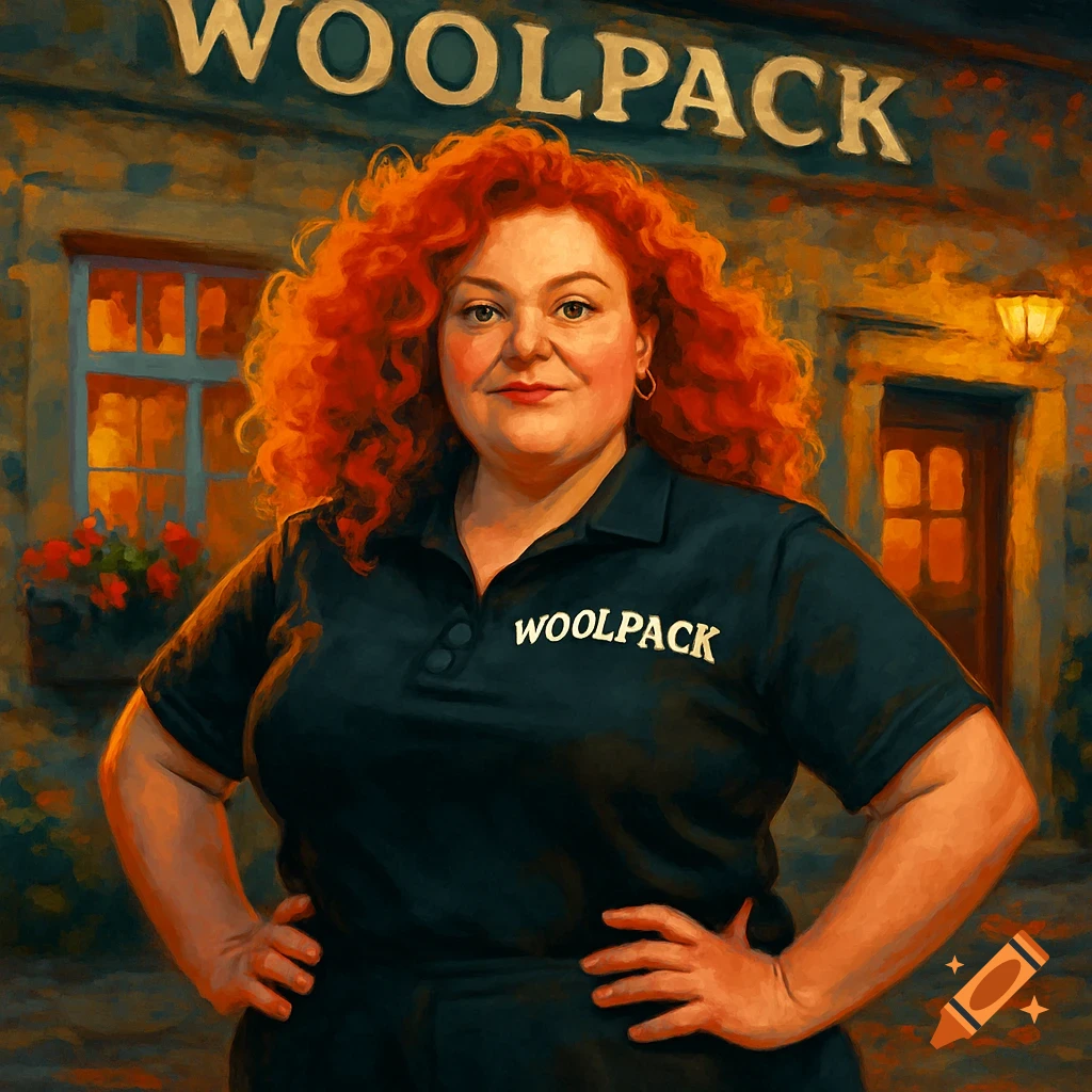 A painterly illustration of a ginger woman in a black polo shirt with "WOOLPACK" text, standing in front of a building also labeled "WOOLPACK" at dusk.