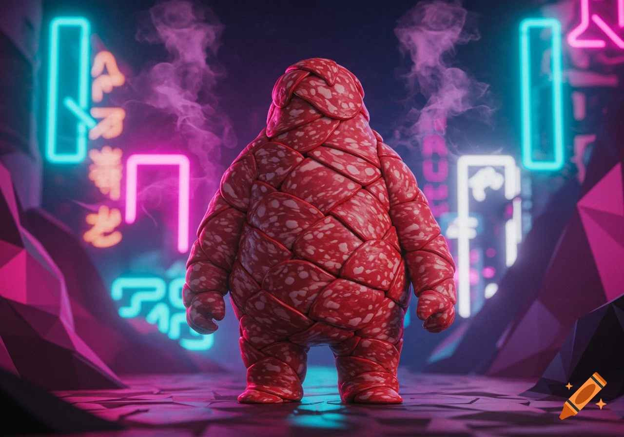 A chunky creature made of salami slices stands in a dark, futuristic city illuminated by vibrant pink and blue neon lights and misty smoke.