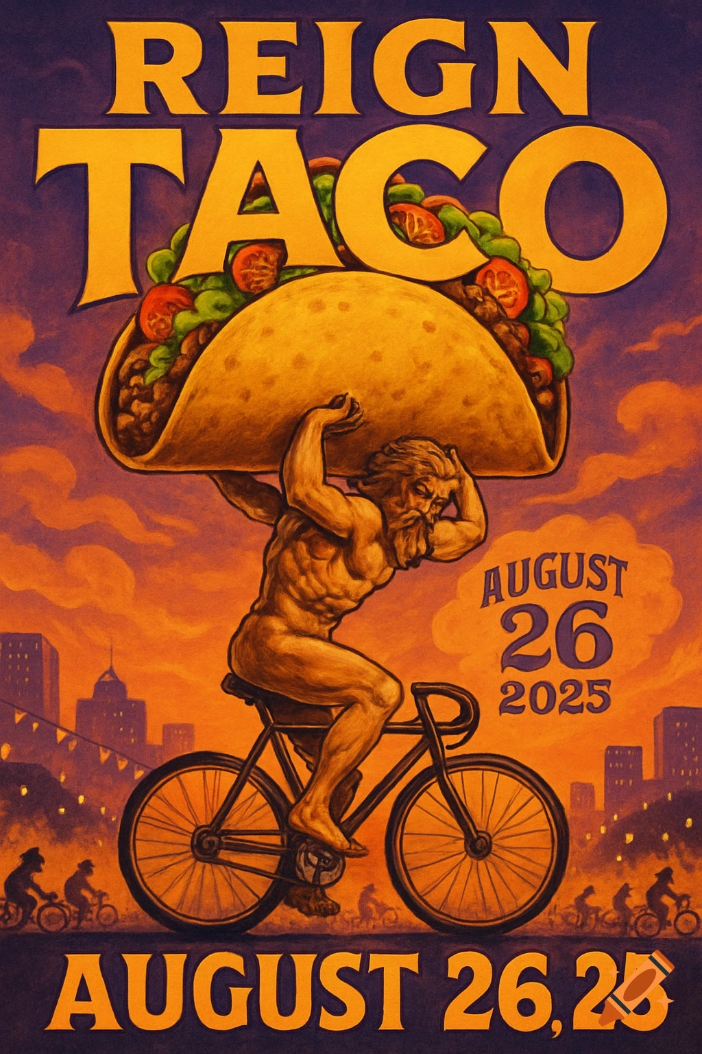 A stylized poster titled 'REIGN TACO' featuring a muscular, bearded Atlas-like figure riding a bicycle while holding a giant taco overhead. The background shows a city skyline at sunset with other cyclists. The dates 'August 26 2025' and 'August 26,25' are visible.