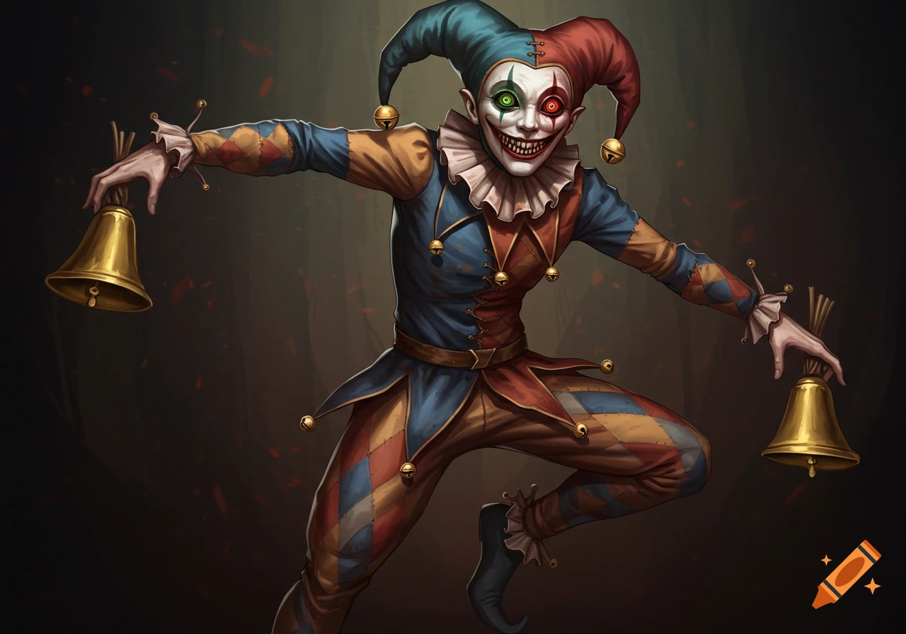 A creepy jester with a wide smile and mismatched red and green eyes wears a patchwork harlequin suit, holding two golden bells.