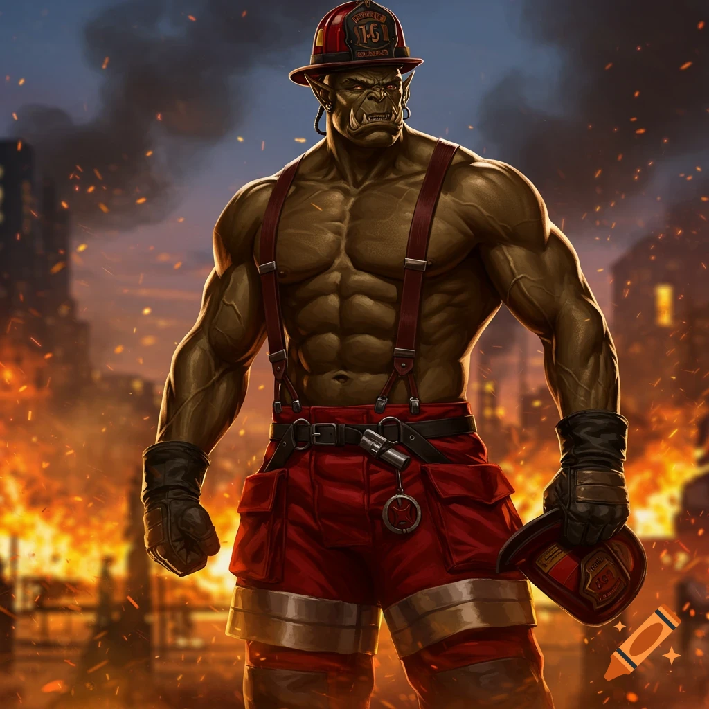 A muscular fantasy orc firefighter wearing suspenders and a helmet stands heroically in a burning city.