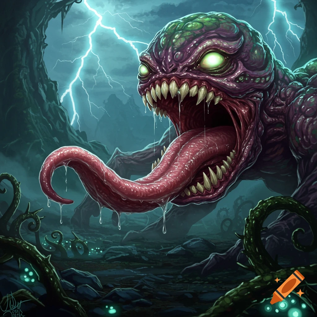 A terrifying purple monster with glowing green eyes and a very long, drooling red tongue, set against a stormy, dark landscape with lightning.
