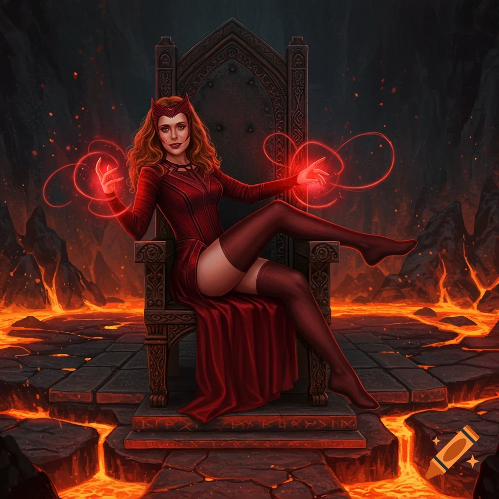 The Scarlet Witch, with red hair and crown, sits on a dark throne amidst a fiery lava landscape, her hands glowing red with magic.