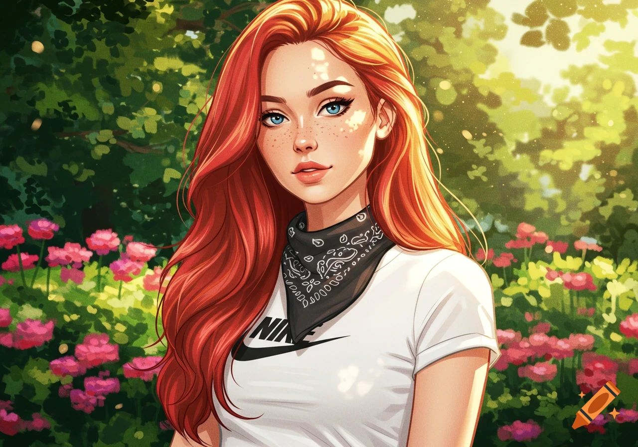 A cartoon portrait of a red-haired woman in a white Nike t-shirt and black bandana, standing in a sunny garden.