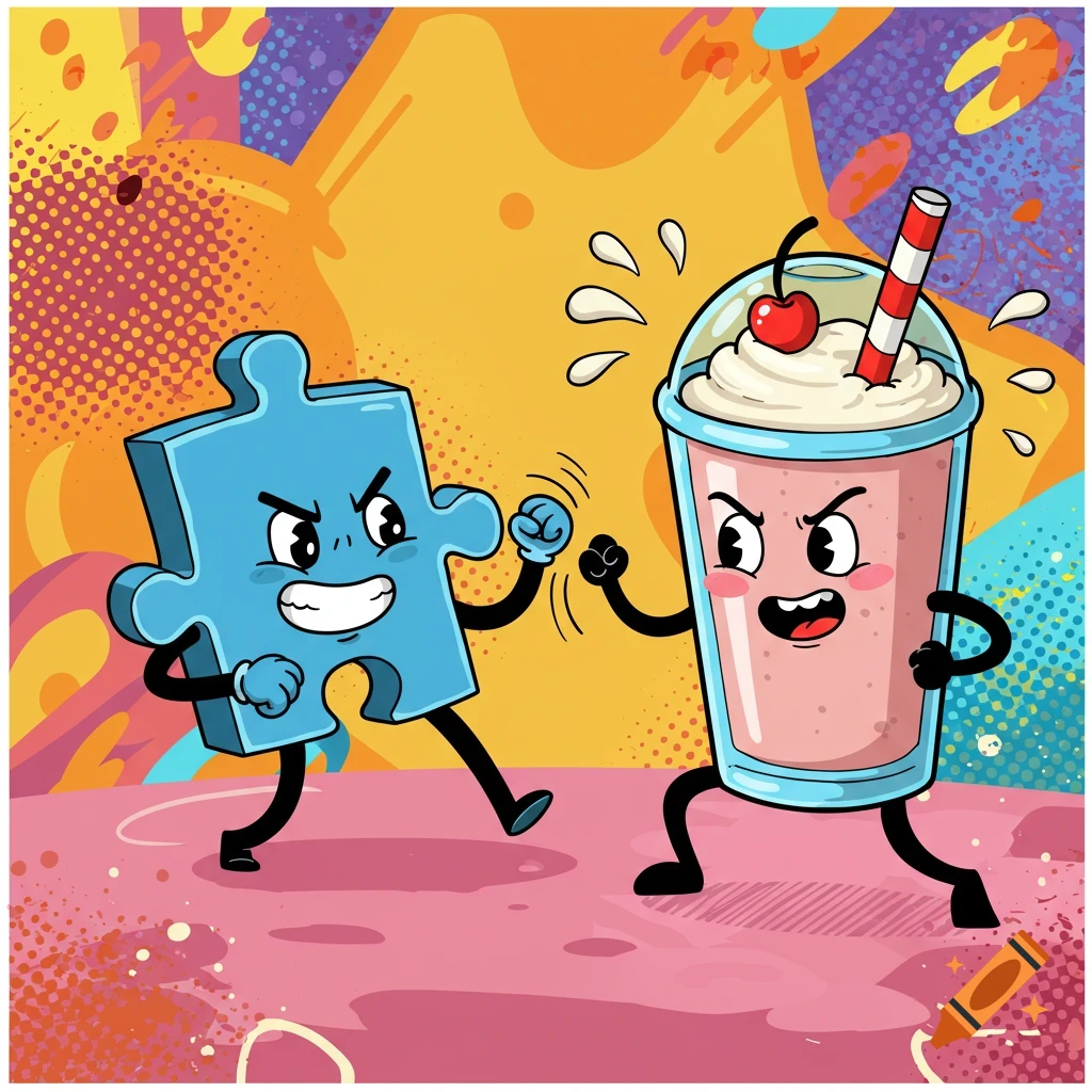 A cartoon blue puzzle piece with a face fighting a milkshake with a face.