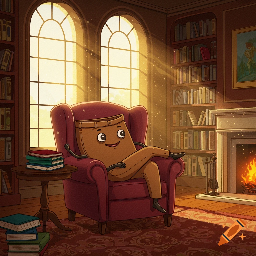 A cartoon anthropomorphic pair of pants with a smiling face sits relaxed in a red armchair in a sunlit library with bookshelves and a fireplace.