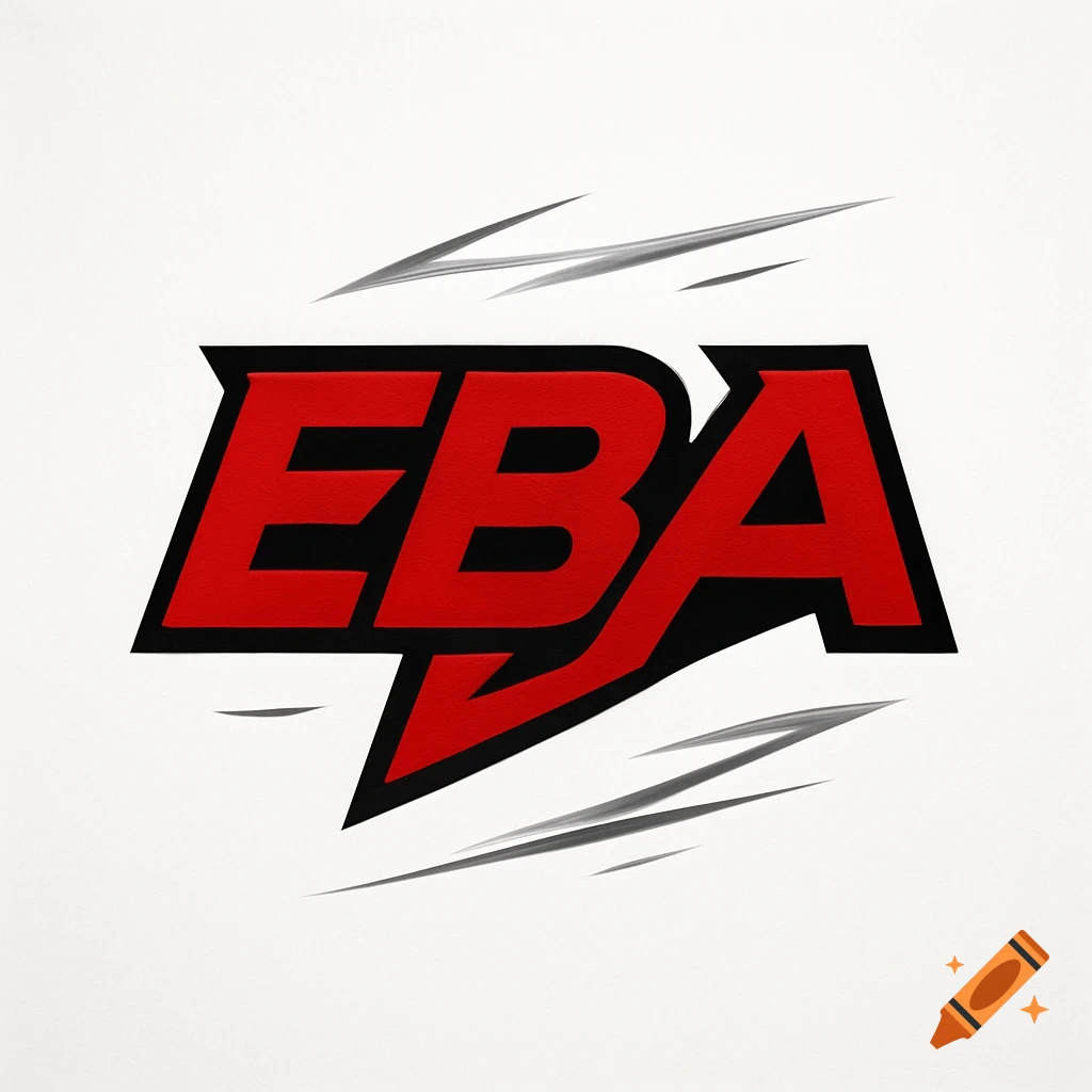 A sporty logo with the letters EBA in red and black, surrounded by sharp grey streak elements on a white background.