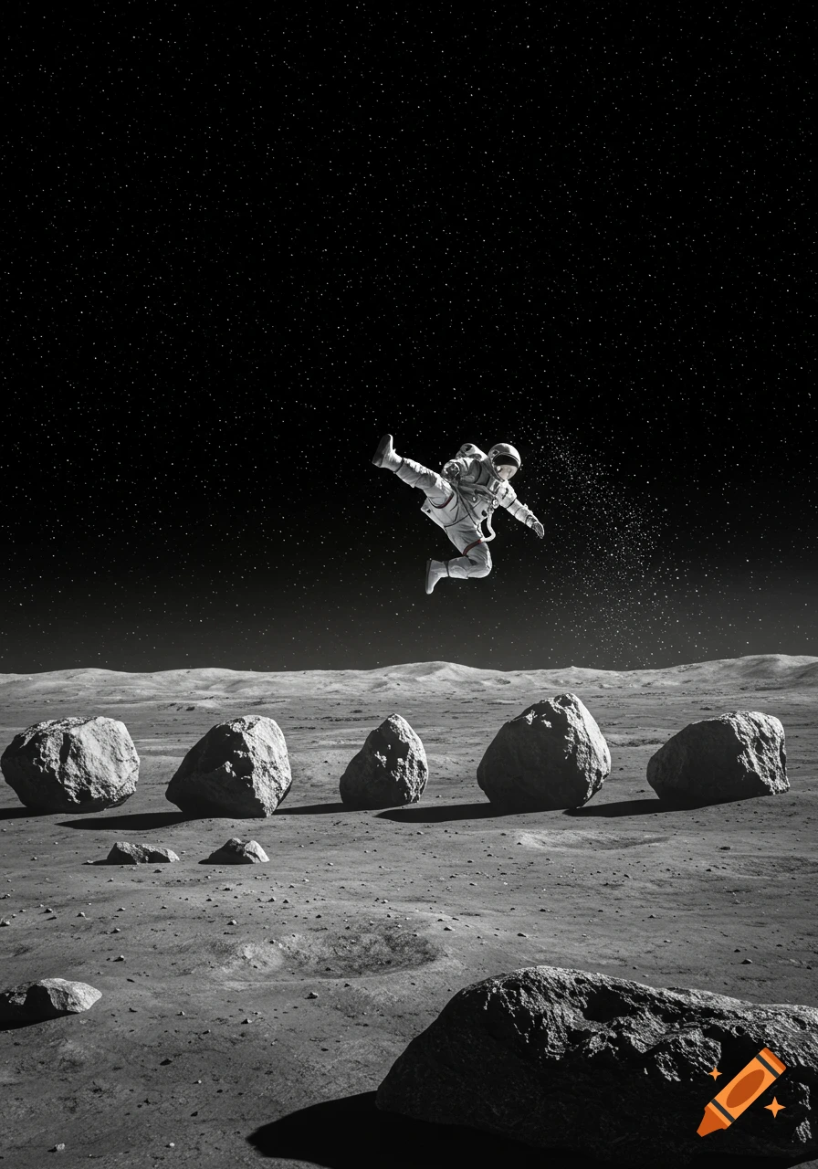 Astronaut in mid-air performing a kick over a rocky moon surface under a starry sky. Photorealistic, monochrome.