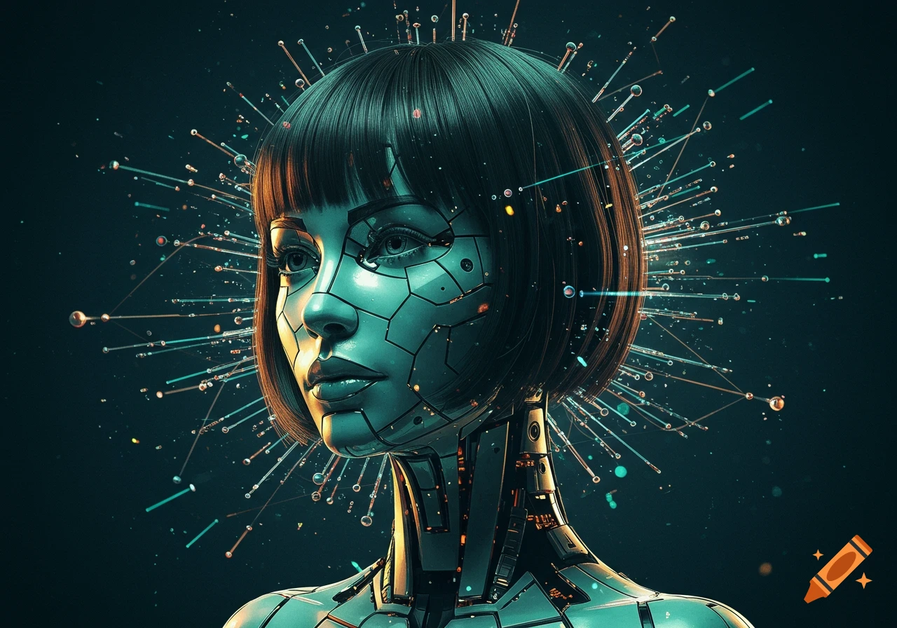 A detailed portrait of a female cyborg with glowing geometric patterns on her face, surrounded by radiating light streaks on a dark background.