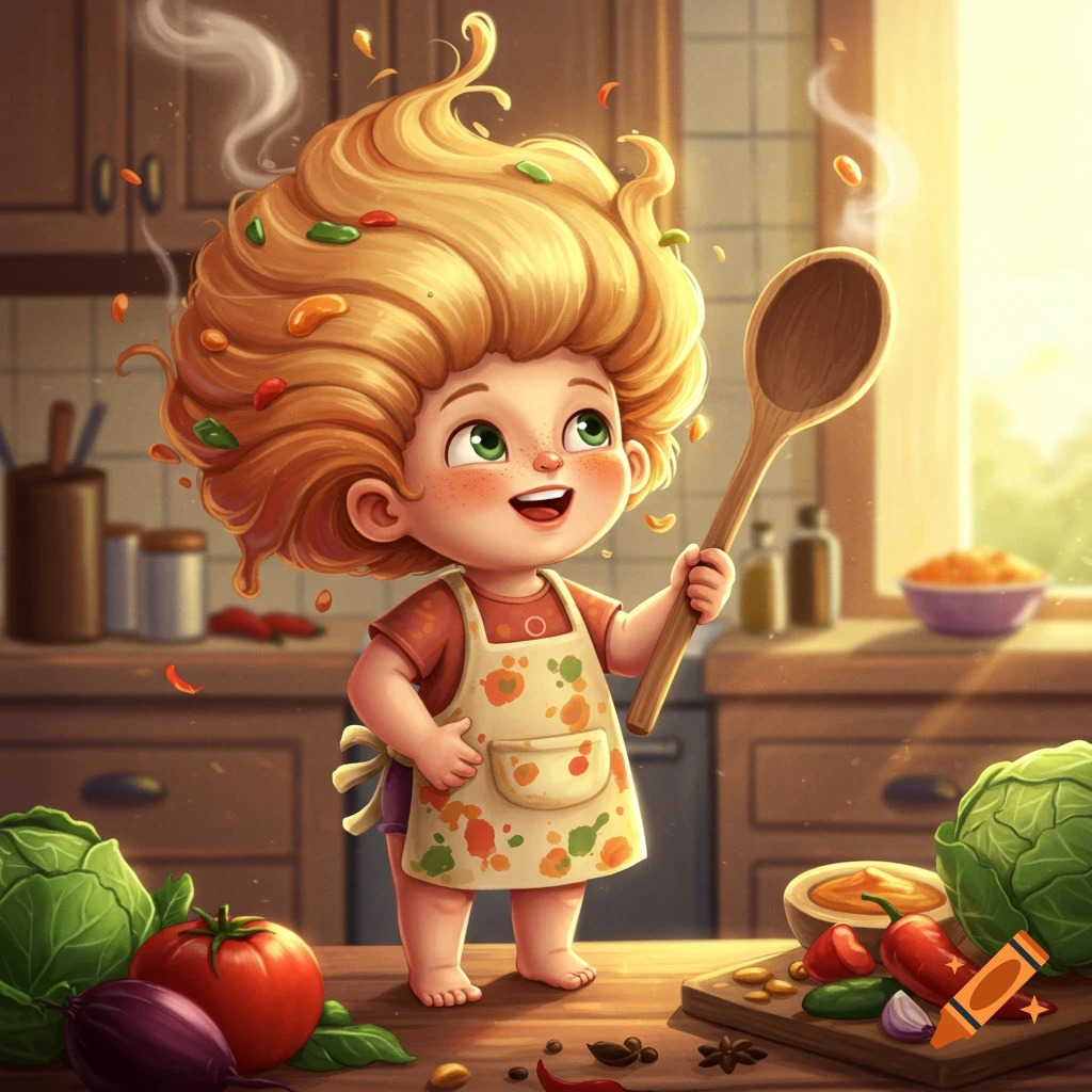 Cartoon child with a chowder head in a kitchen, holding a wooden spoon with vegetables on the counter.