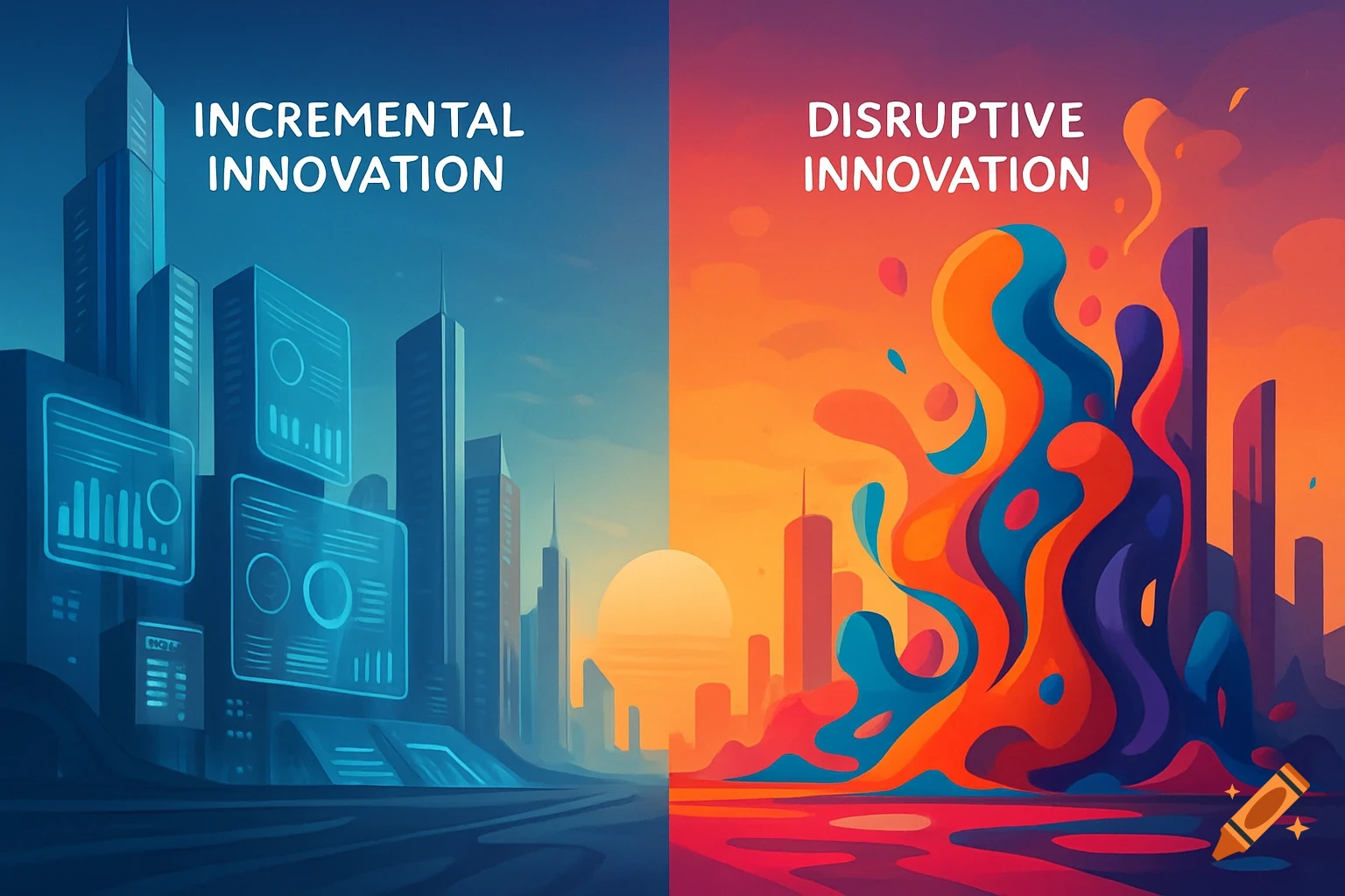 Split image contrasting innovation: a blue city with charts for incremental, and colorful abstract shapes for disruptive.