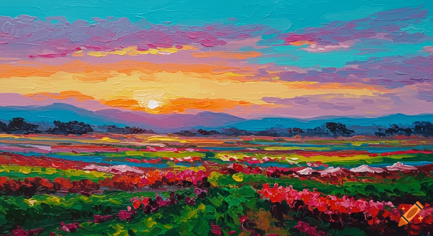 Vibrant expressive painting of a sunset over a colorful landscape with fields and mountains.