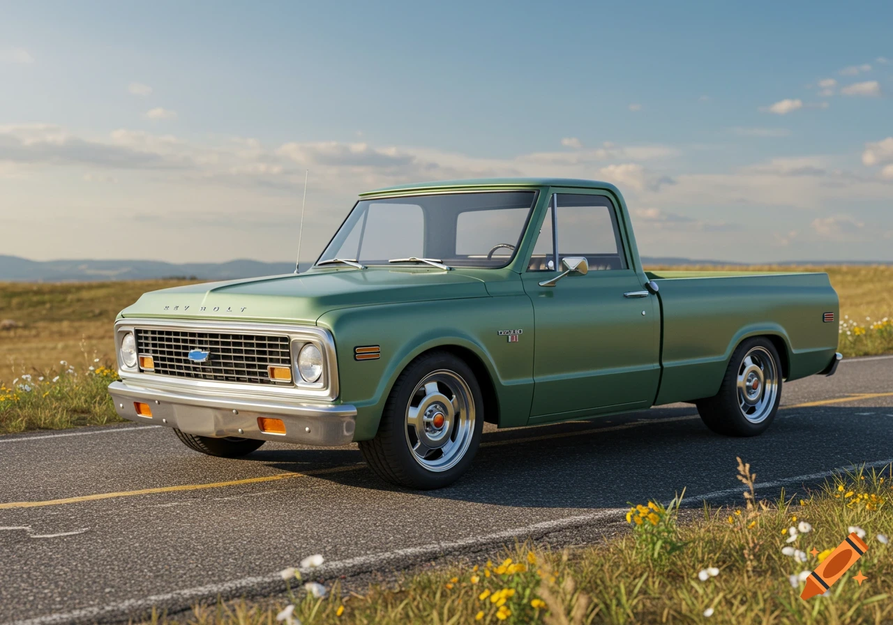 A photorealistic image of a vintage green 1969 Chevrolet C-10 pickup truck parked on a rural road under a blue sky.