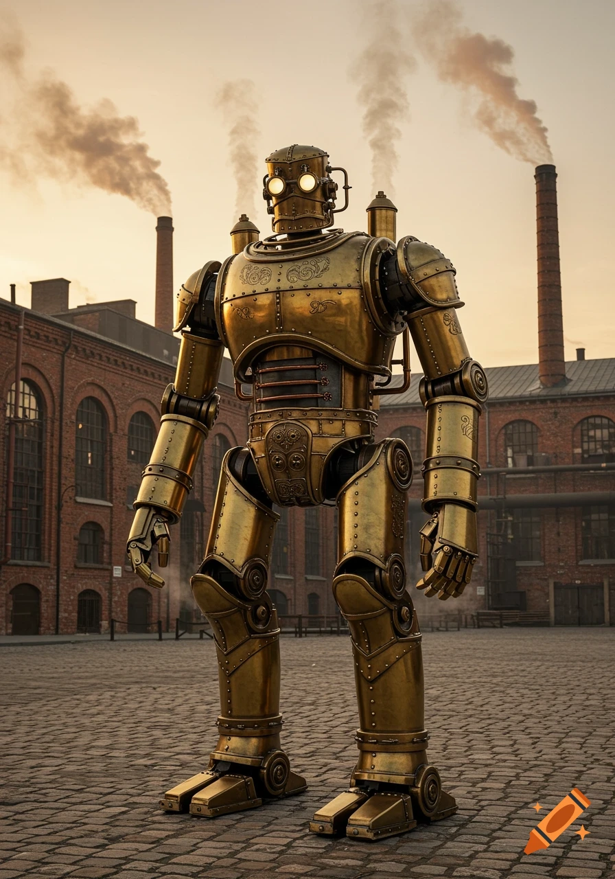 A large golden steampunk robot stands in a cobblestone courtyard before industrial buildings with smoking chimneys.