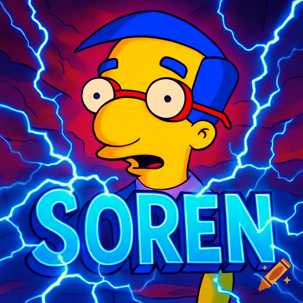 Milhouse from The Simpsons against a red and purple background with blue lightning and the name SOREN in large blue letters.
