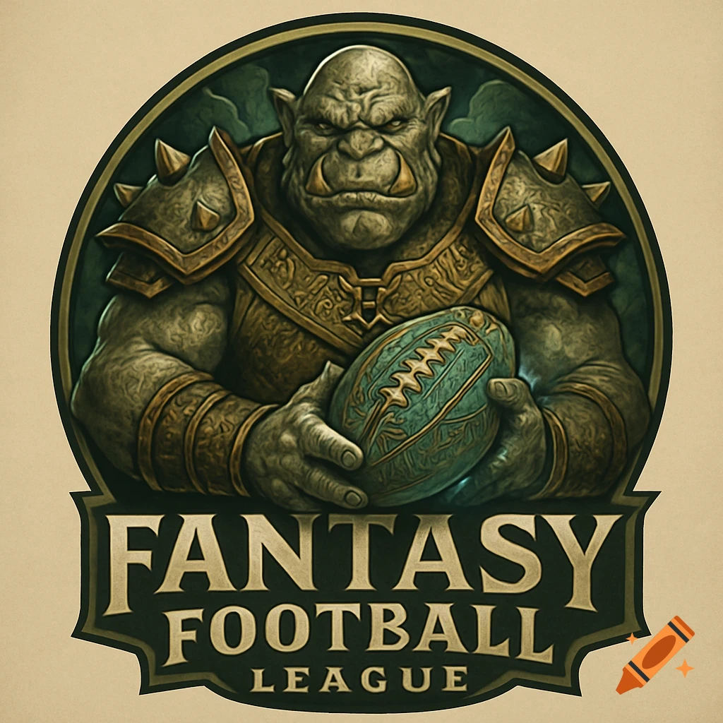 An illustration of a green-skinned ogre in armor holding a football, set within a dark green and gold logo with the words "FANTASY FOOTBALL LEAGUE" below.