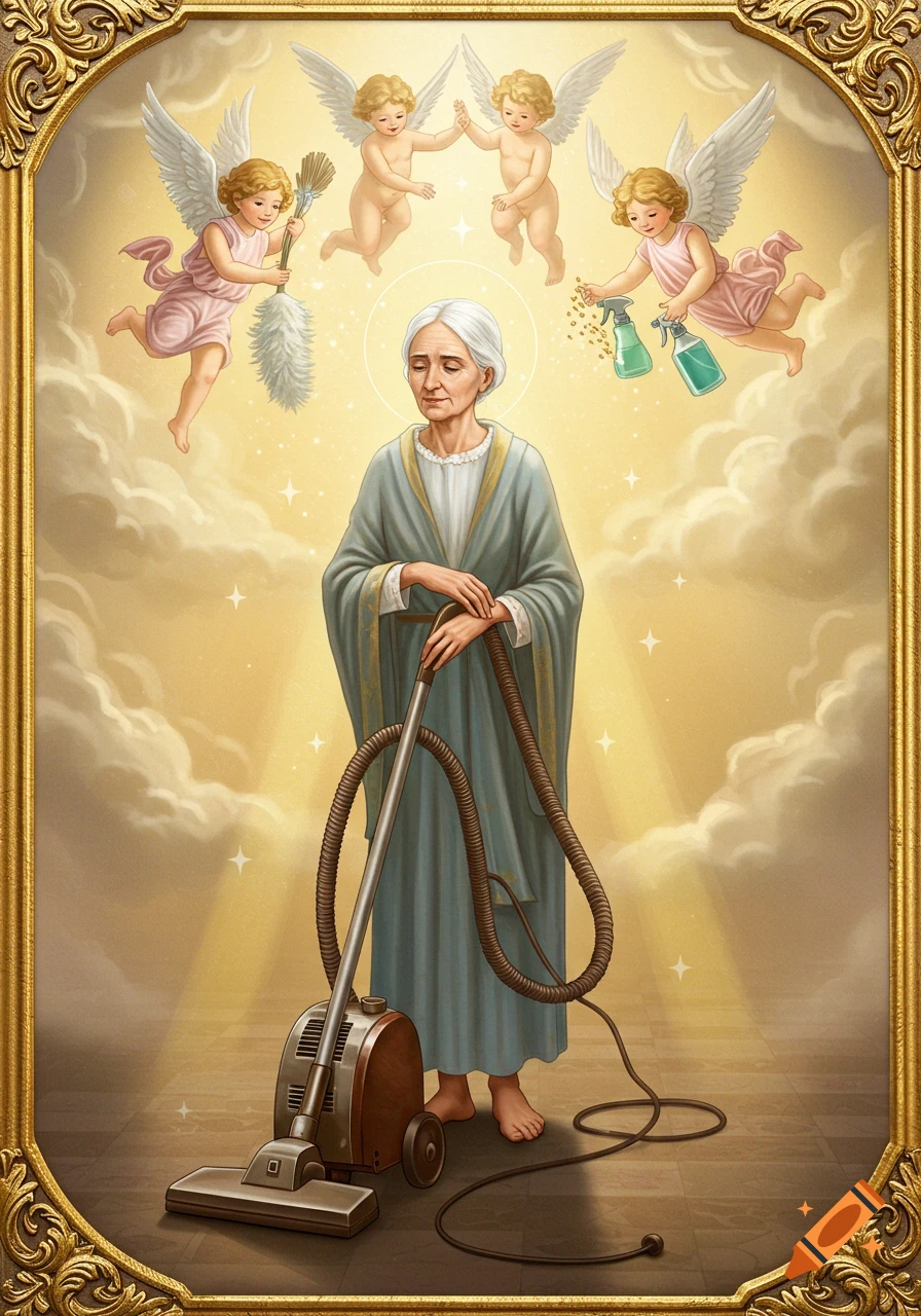 A religious icon depicting Saint Bertha of the Hoover, an elderly woman with a vacuum cleaner, surrounded by angels with cleaning tools on a golden cloud background.