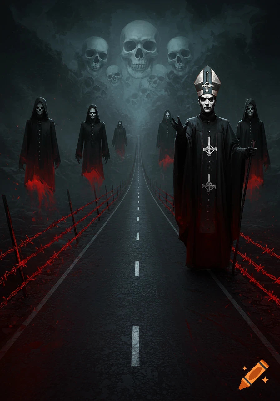 Gothic art of Papa Emeritus and robed figures on a dark highway with red barbed wire and floating skulls.