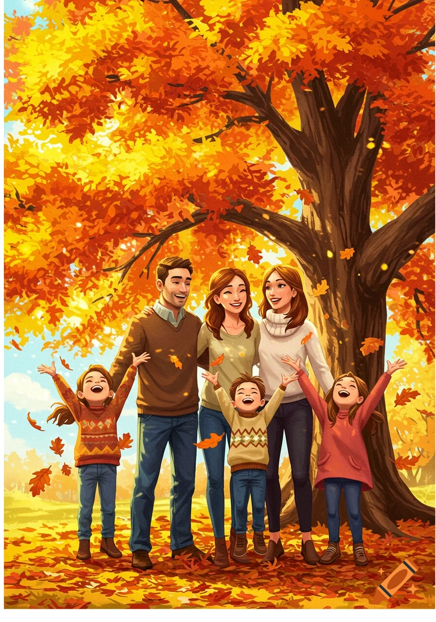 An illustrated family of four smiling under a large autumn tree, with yellow and orange leaves falling around them.