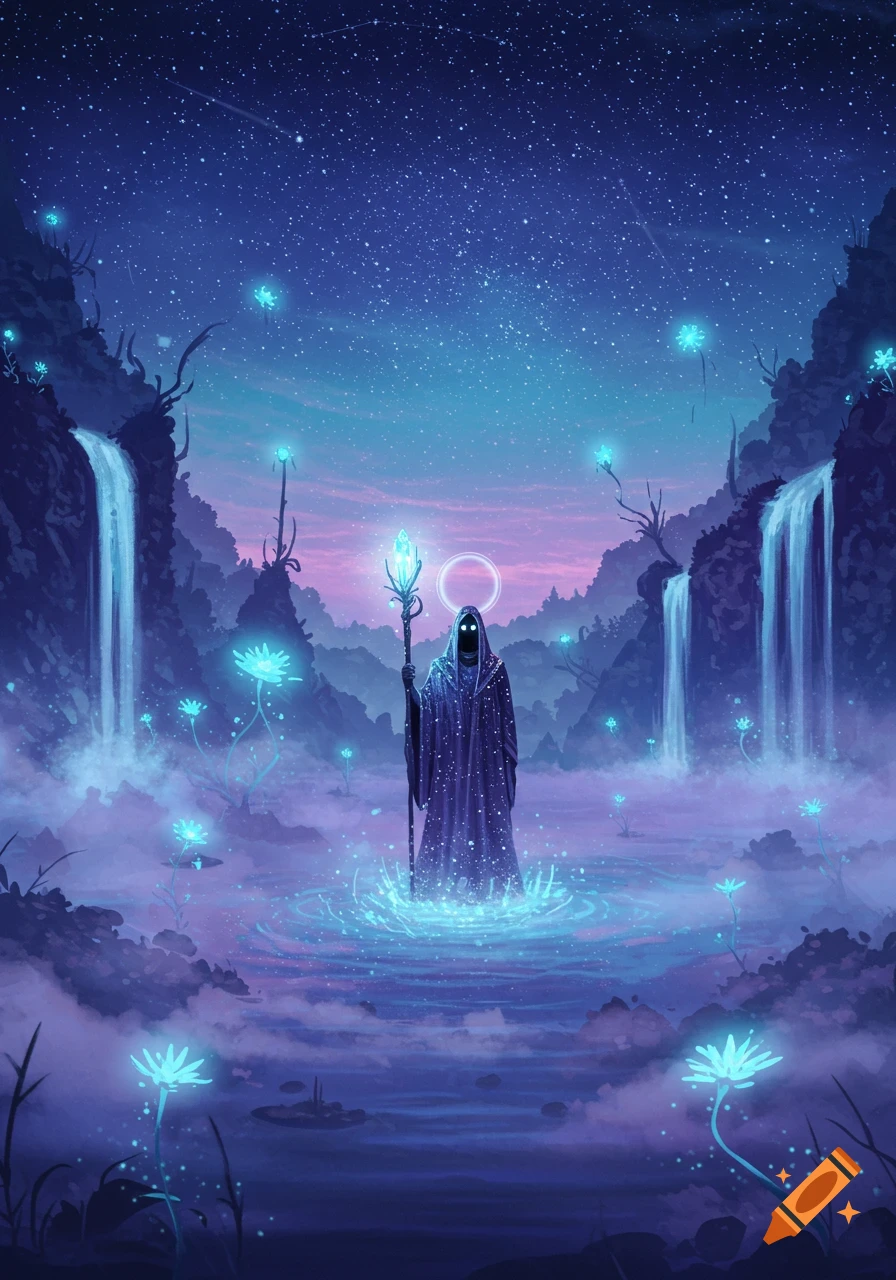 A dark cloaked figure with glowing eyes and a staff stands in a glowing pond surrounded by waterfalls and luminous flowers under a starry night sky.