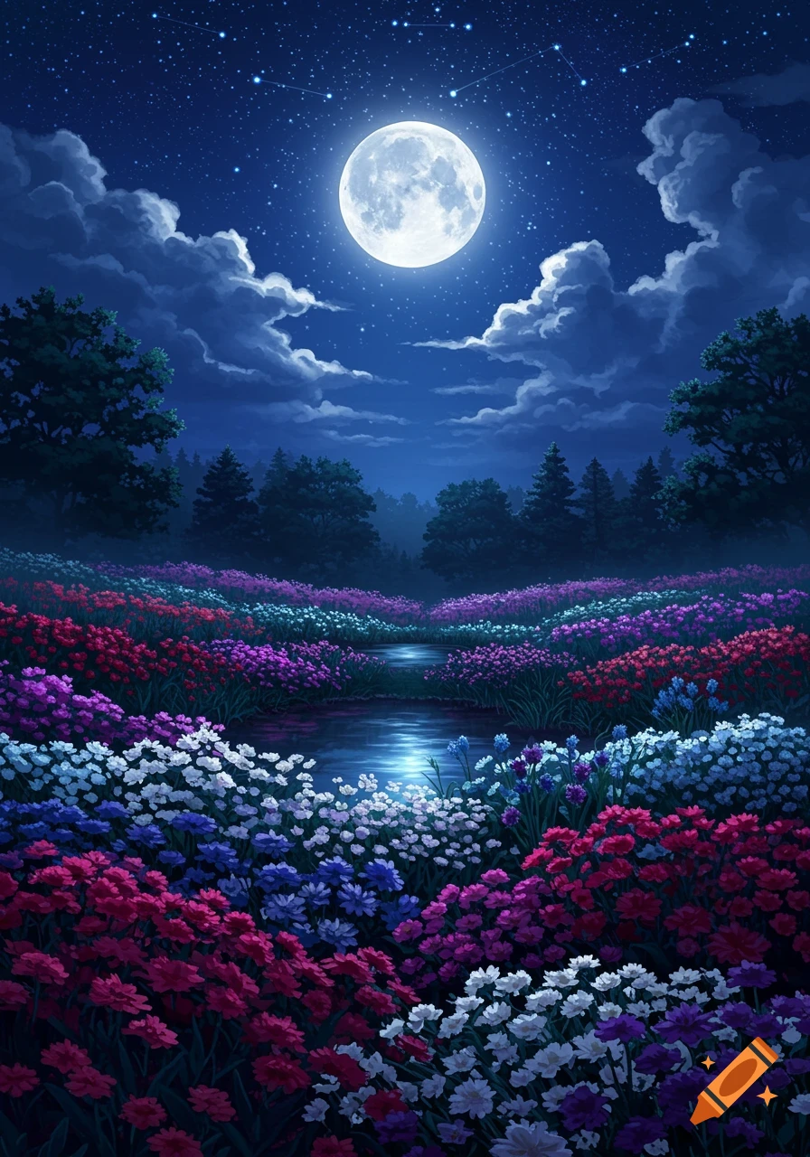 A fantasy night landscape with a bright full moon, starry sky, and colorful flowers filling a field alongside a stream.