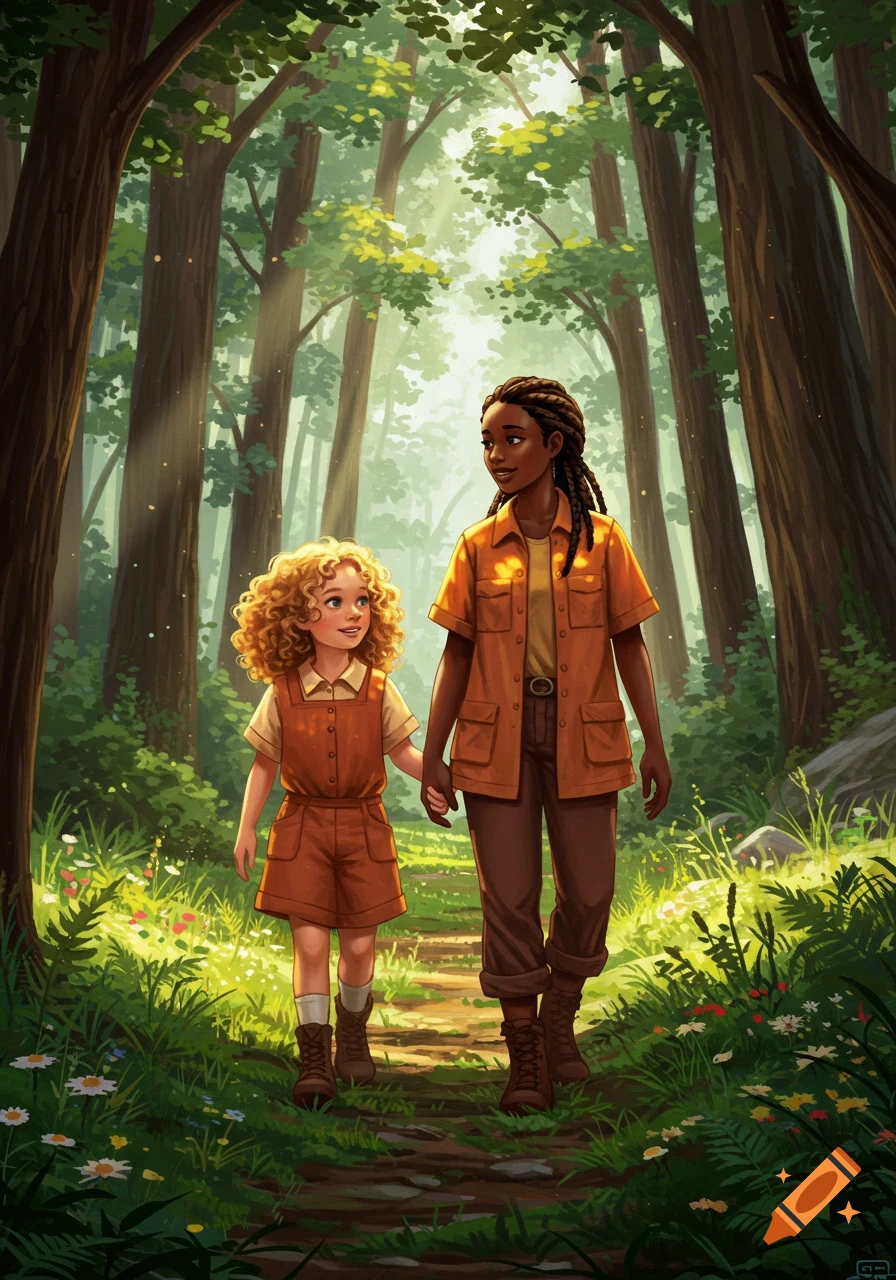 Illustrated depiction of a woman and a young girl holding hands, walking along a sunlit path through a lush forest.