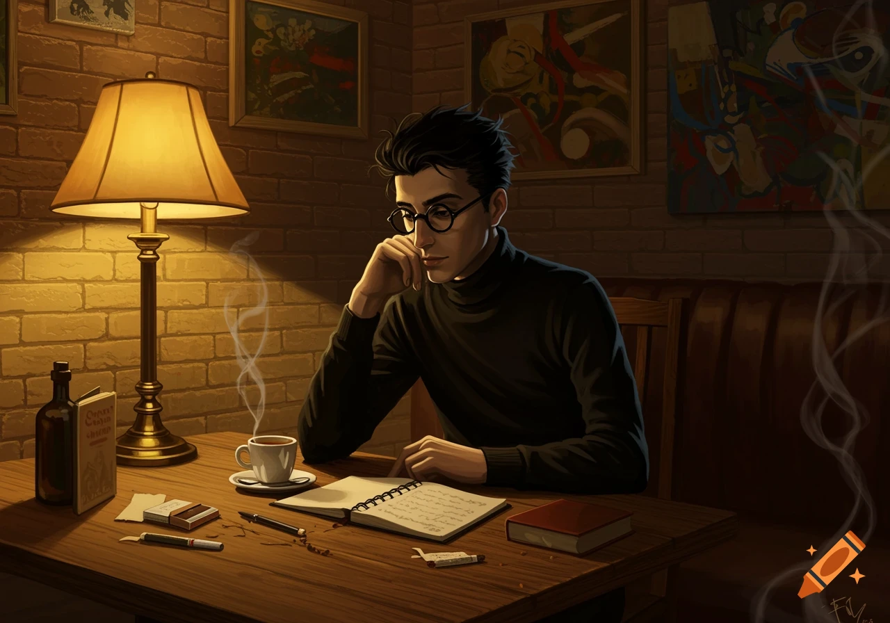 An illustration of a thoughtful man with dark hair and glasses, wearing a black turtleneck, sitting at a wooden table in a dimly lit cafe, writing in a notebook. A lamp, coffee cup, and books are on the table.