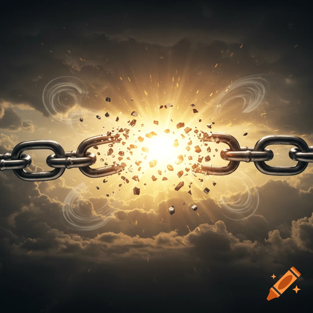 A metal chain link breaking apart in a bright explosion of light and debris against a dramatic cloudy sky.