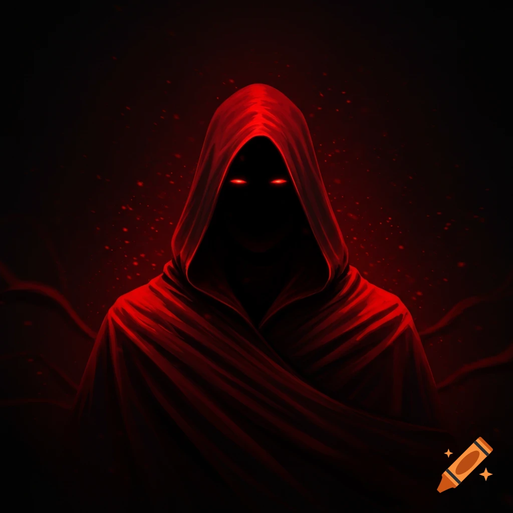 A mysterious figure in a dark red hood with glowing red eyes emerges from a black, speckled background.