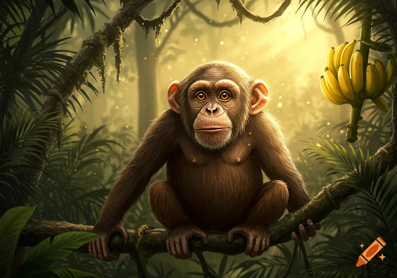 A chimpanzee with large eyes sits on a mossy tree branch in a sunlit jungle, with a bunch of bananas hanging nearby.