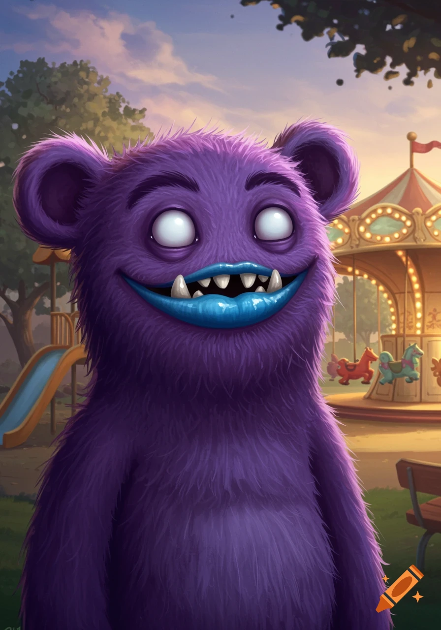 A purple furry monster with large white eyes, blue lips, and sharp teeth stands in a playground with a slide and carousel.