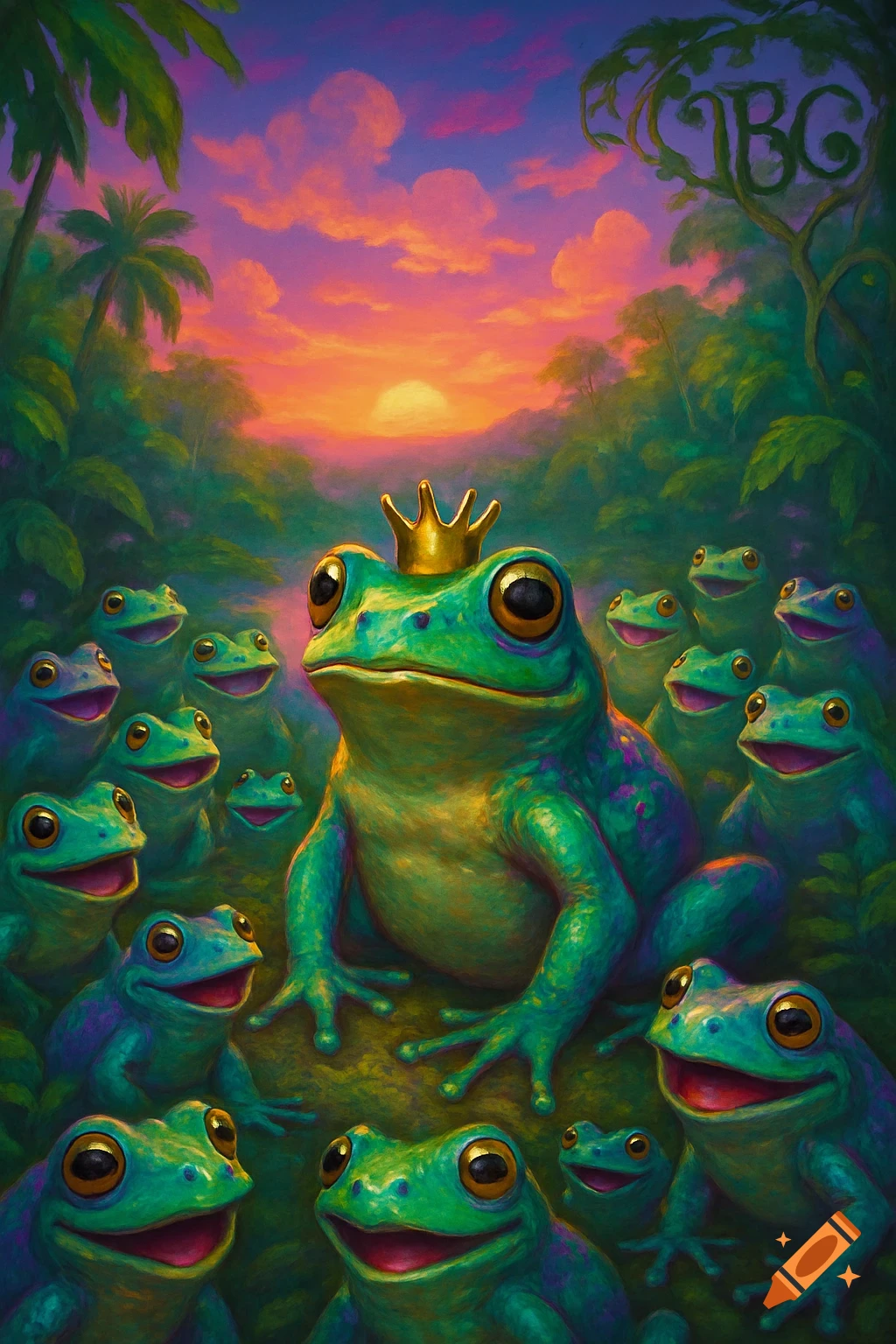 A large green frog wearing a crown is surrounded by many happy frogs in a vibrant, stylized jungle at sunset.