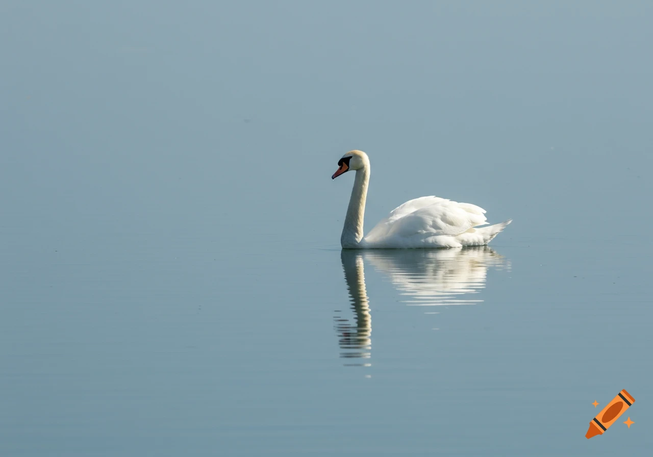 A white swan floats peacefully on calm, blue water, its reflection visible below.