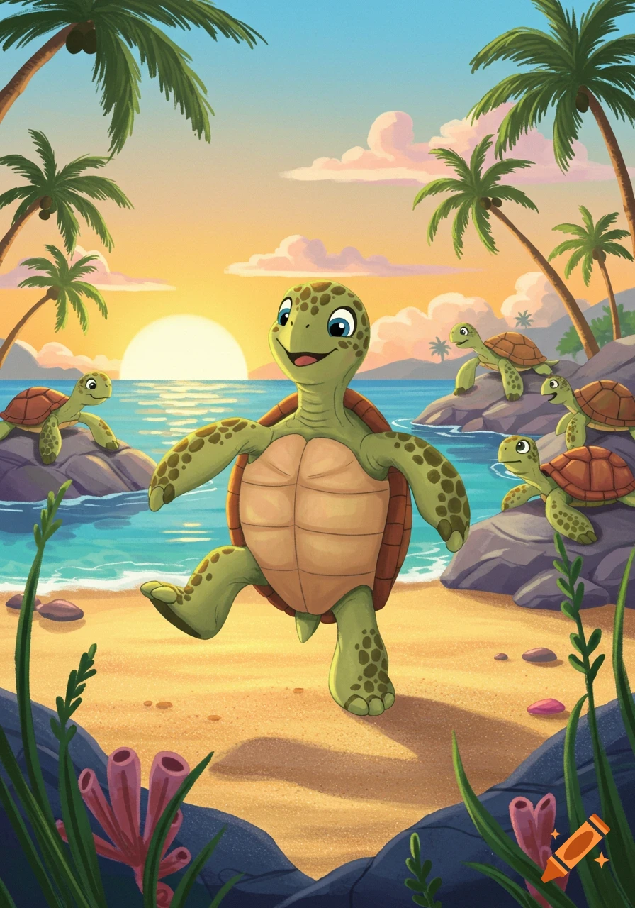 A happy cartoon turtle dances on a sandy beach at sunset, with other smaller turtles nearby and palm trees silhouetted against the colorful sky.