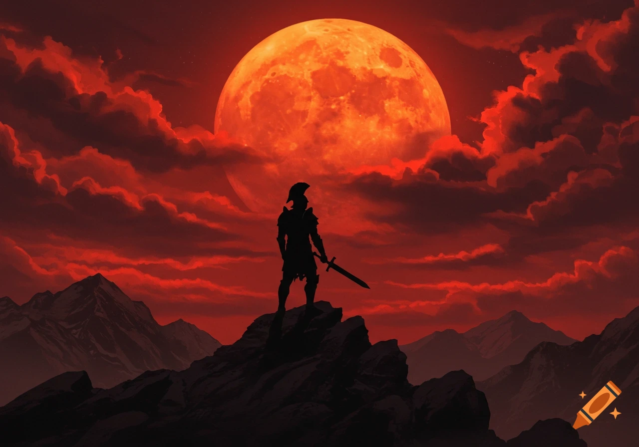 A silhouetted gladiator stands on a mountain peak against a blood-red sky with a large orange moon.
