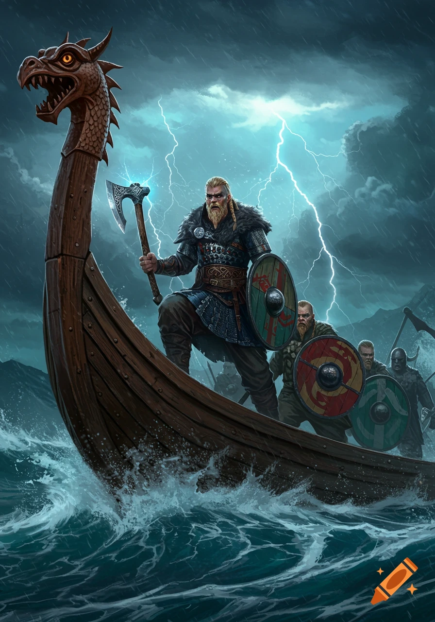 A fierce Viking warrior on a longship sails through a stormy, lightning-filled sea, axe and shield in hand.