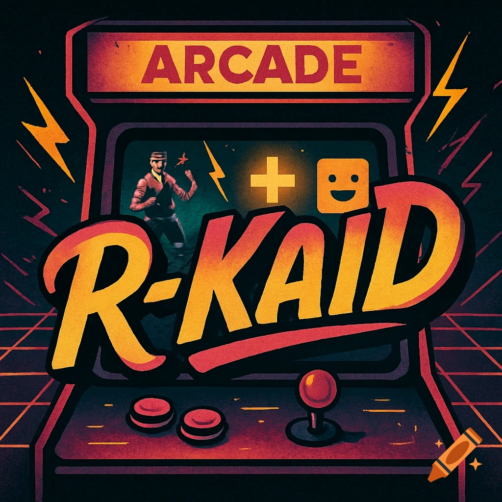Retro arcade machine with the game's logo 'R-KAID' at the bottom, and 'ARCADE' at the top, featuring a character, plus sign, and emoji on the screen.