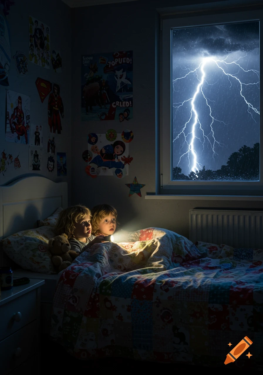 Two young children with blonde hair huddle under a patterned quilt in a dark bedroom, illuminated by a flashlight. A bright lightning strike is visible through the window.