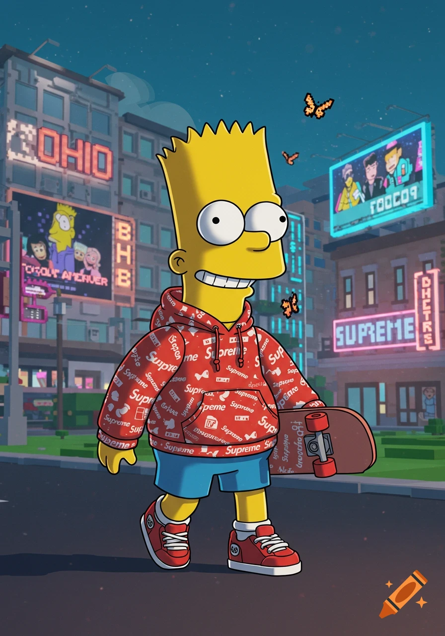 Bart Simpson in a Supreme hoodie and blue shorts, holding a skateboard, walks on a city street at night with neon signs.