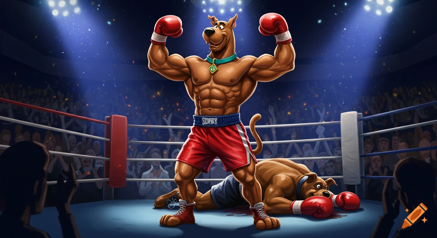 A muscular Scooby Doo in red boxing shorts and gloves flexes his biceps in a boxing ring, standing over a defeated brown dog.