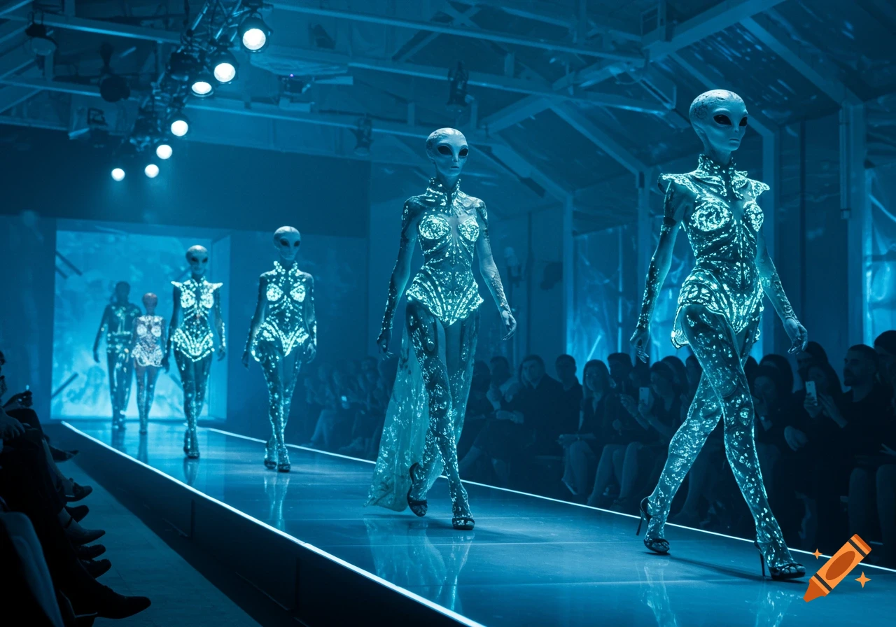 Alien fashion models walk on a futuristic runway in glowing, intricate outfits under blue lights.