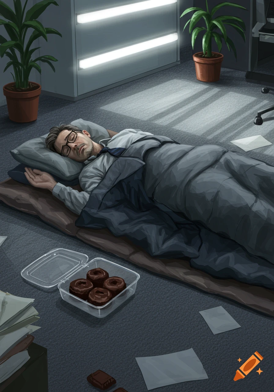 An illustration of a man with glasses sleeping on a mat on an office floor, covered by a blanket, with a container of brownies nearby.