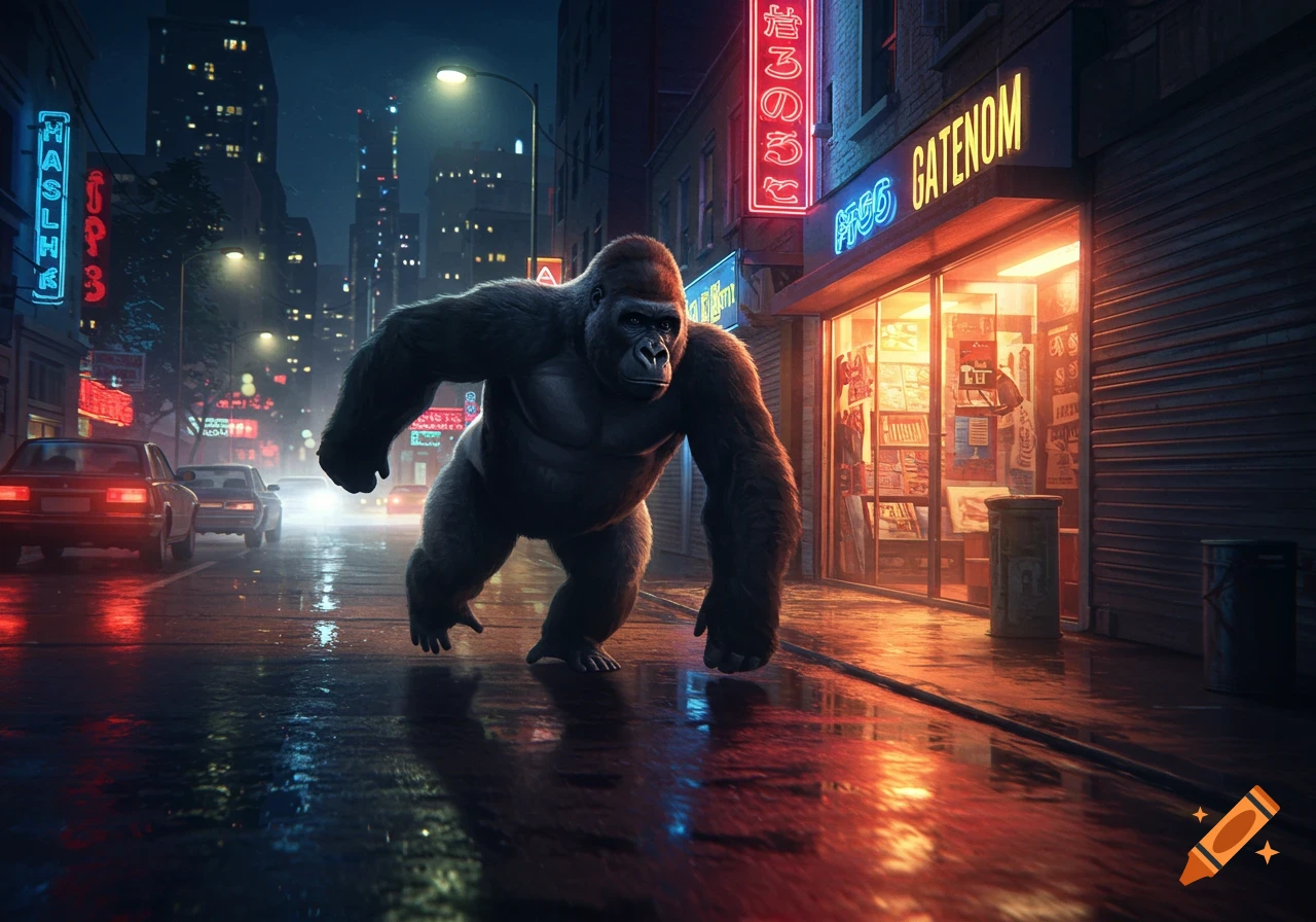 A large gorilla walks on a wet city street at night, illuminated by neon signs and streetlights.