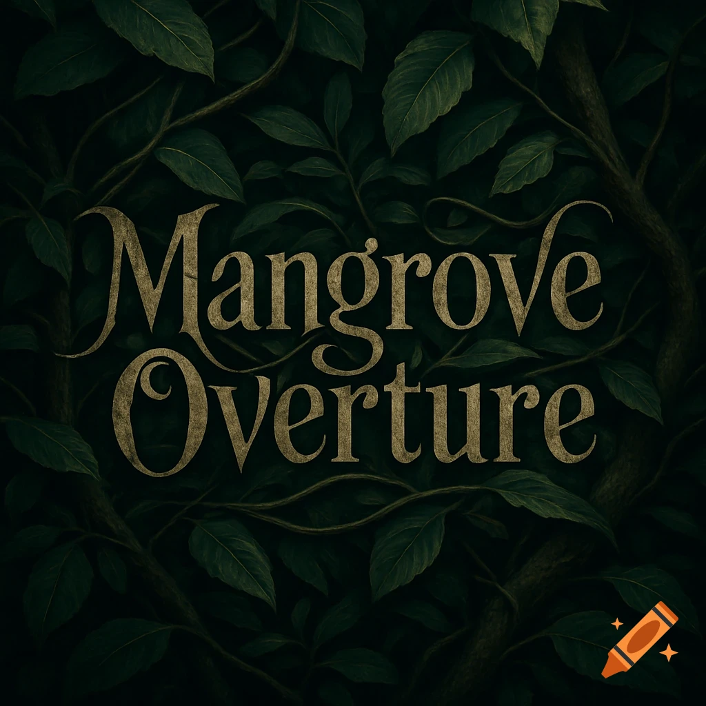 Ornate gold text reading "Mangrove Overture" on a dark background of intertwining green mangrove leaves and branches.