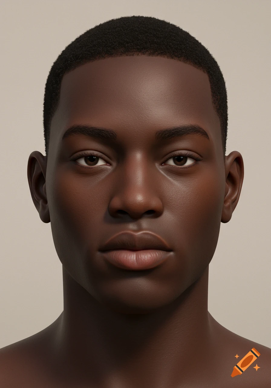Photorealistic close-up portrait of a youthful Black man with dark skin and short hair, looking forward against a neutral background.