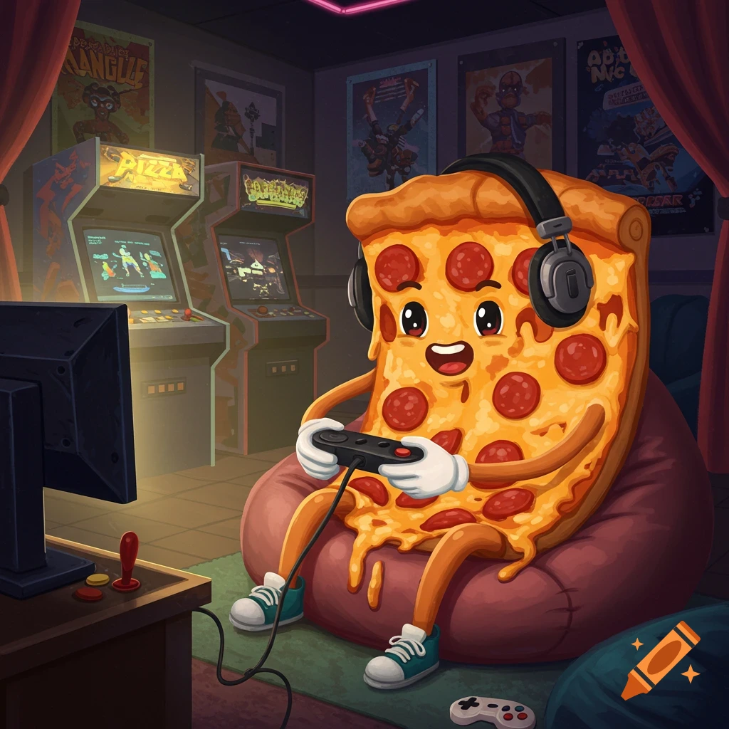 A cartoon slice of pizza with pepperoni and cheese, wearing headphones and playing video games on a bean bag chair in a gaming room with arcade machines.
